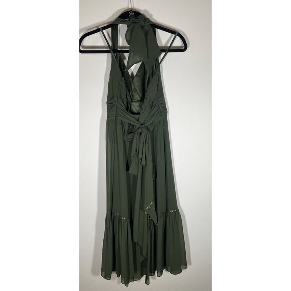 Vintage Y2K BCBGMaxAzria army green halter silk empire waist dress boho 10 beads - Picture 3 of 10
